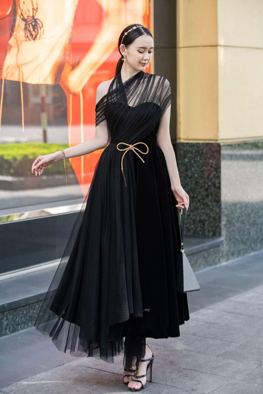 Leslie Fit and Flare Crossover Mesh Taffeta Maxi Dress 26