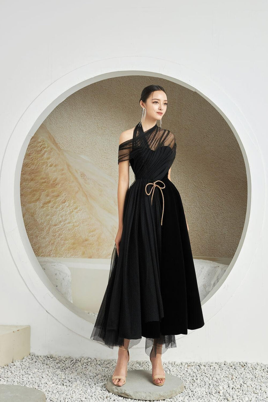 Leslie Fit and Flare Crossover Mesh Taffeta Maxi Dress 27