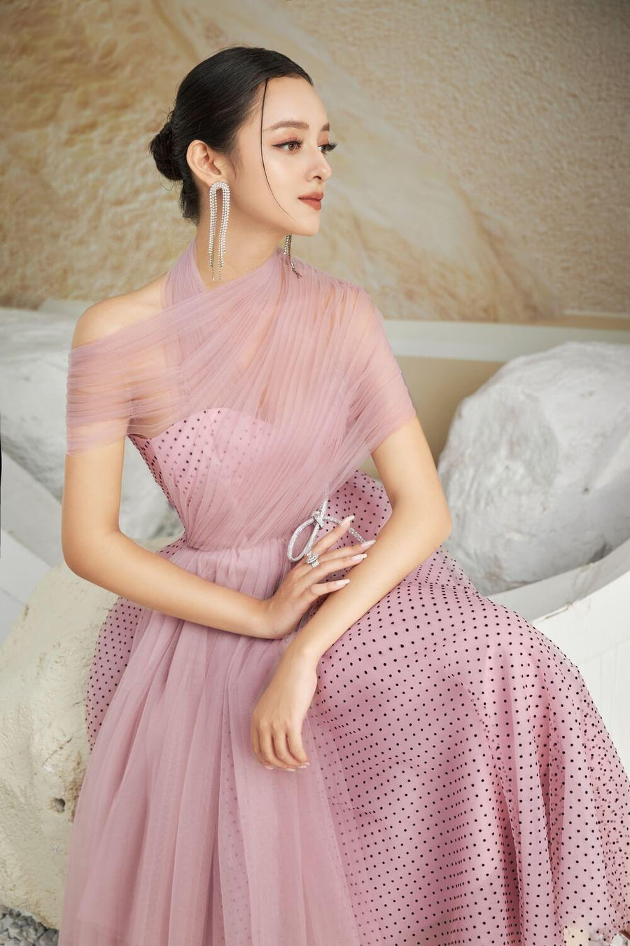 Leslie Fit and Flare Crossover Mesh Taffeta Maxi Dress 33