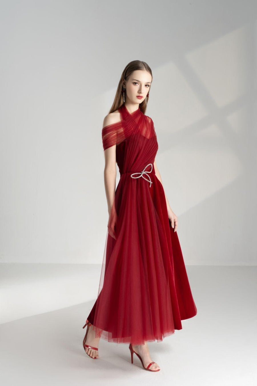 Leslie Fit and Flare Crossover Mesh Taffeta Maxi Dress 4