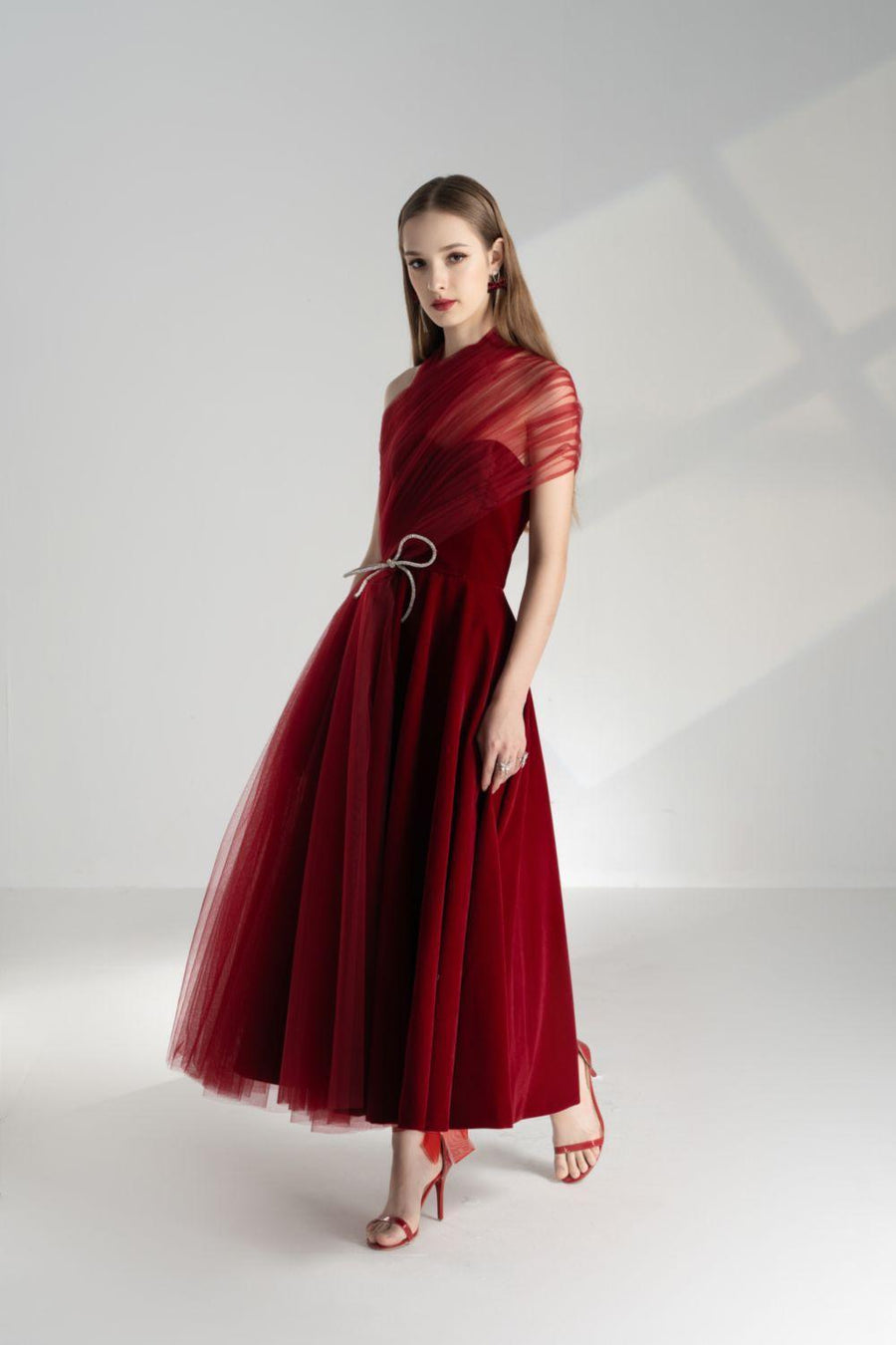 Leslie Fit and Flare Crossover Mesh Taffeta Maxi Dress 5