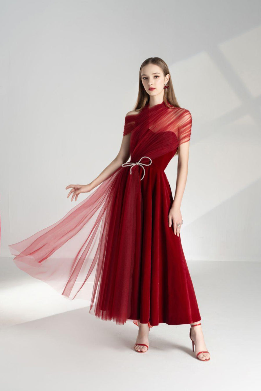 Leslie Fit and Flare Crossover Mesh Taffeta Maxi Dress 6