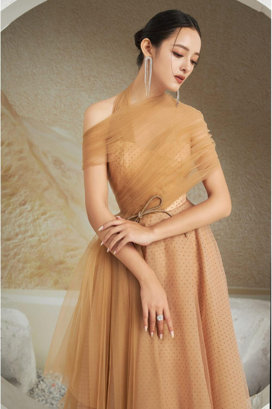 Leslie Fit and Flare Crossover Mesh Taffeta Maxi Dress 8