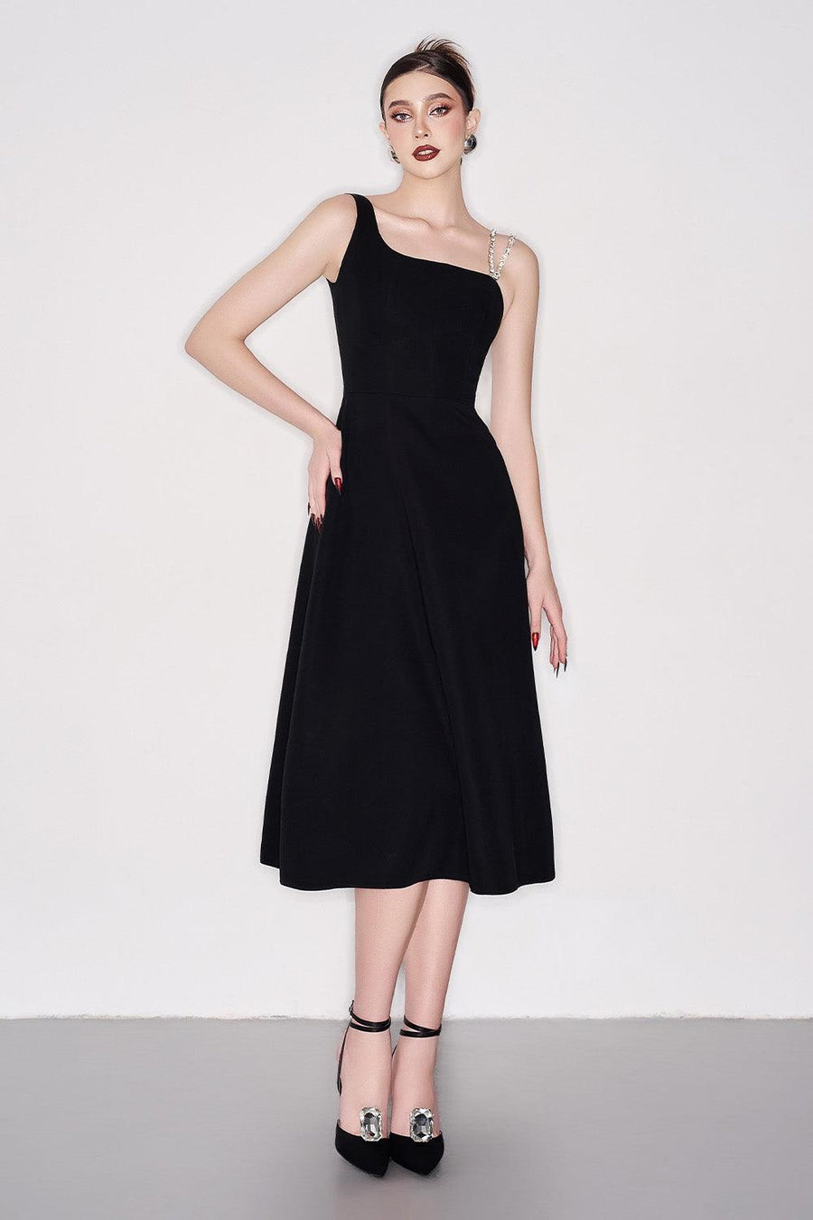 Lester A-line Asymmetric Neck Crepe Below The Knee Dress Knee Length Dress CEM