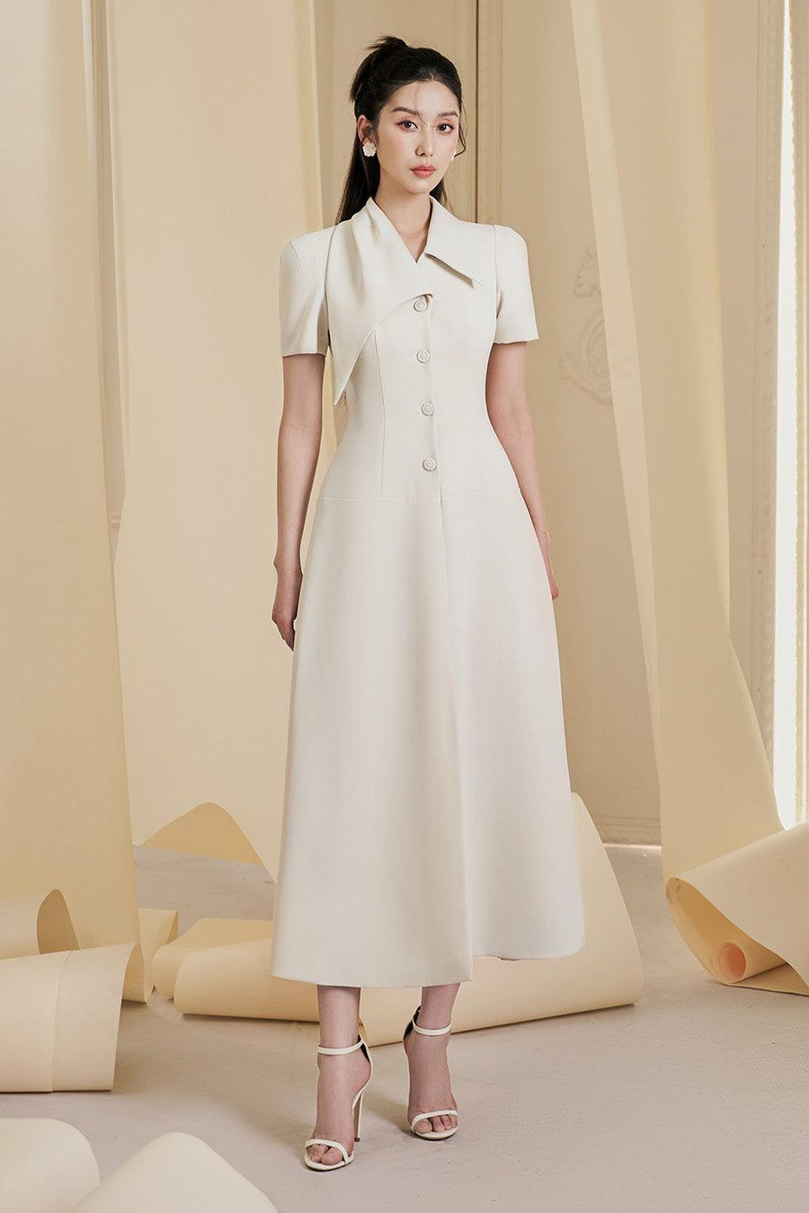 Lettie A-line Short Sleeved Cotton Spandex Midi Dress Midi Dress Larmes