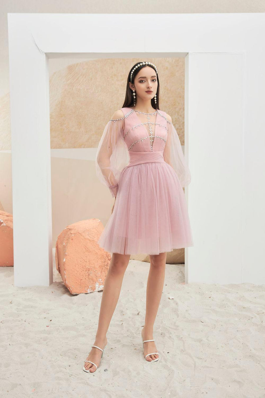 Levi Gathered Cuff Sleeved Mesh Sheer Knee-length Dress 10