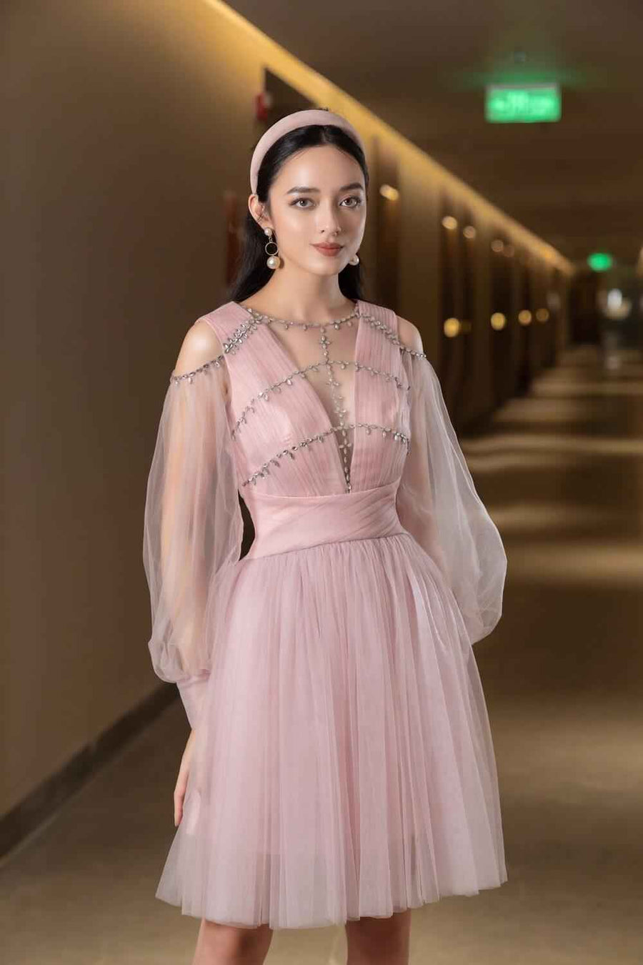 Levi Gathered Cuff Sleeved Mesh Sheer Knee-length Dress