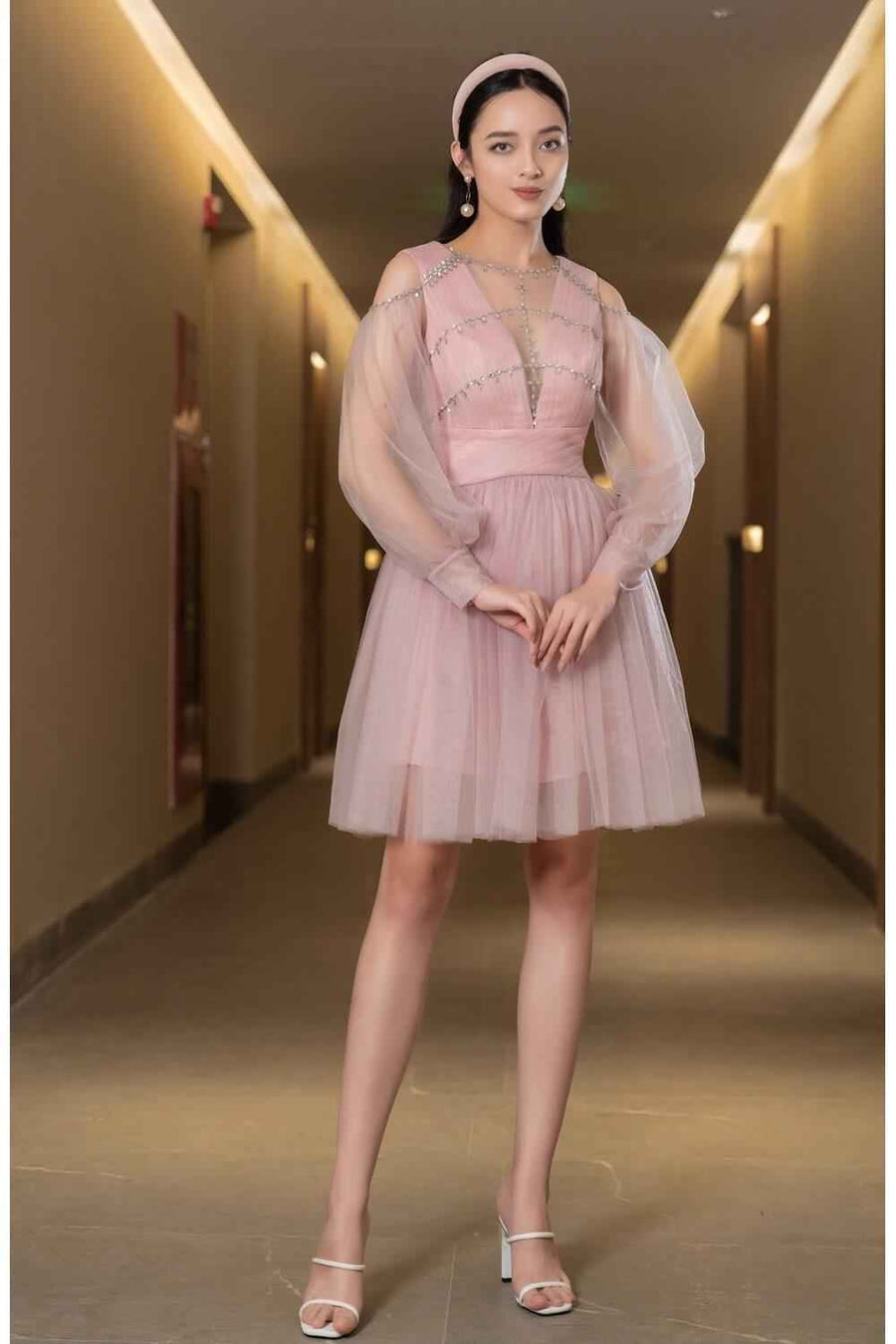 Levi Gathered Cuff Sleeved Mesh Sheer Knee-length Dress