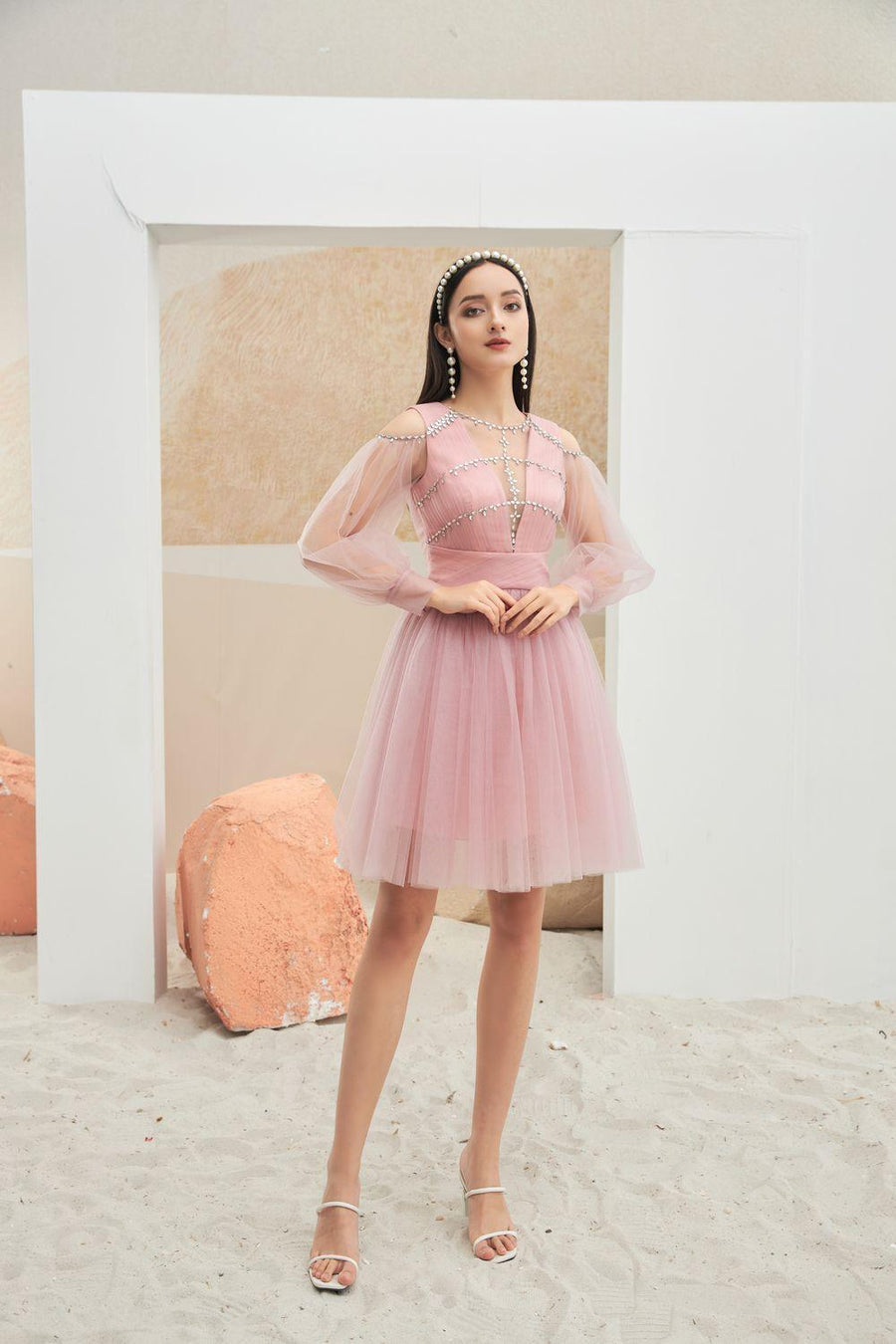 Levi Gathered Cuff Sleeved Mesh Sheer Knee-length Dress 6