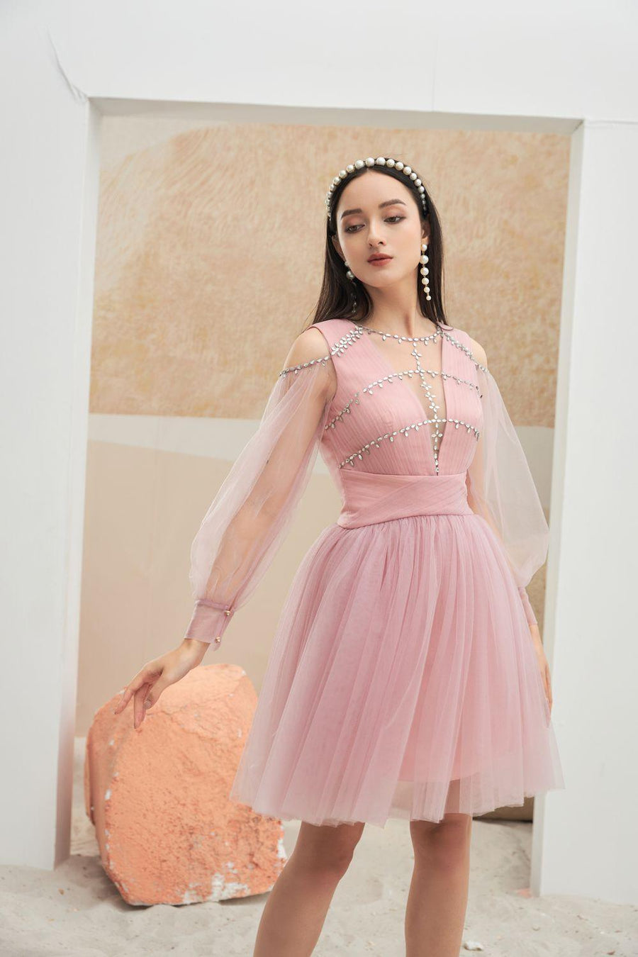 Levi Gathered Cuff Sleeved Mesh Sheer Knee-length Dress 7