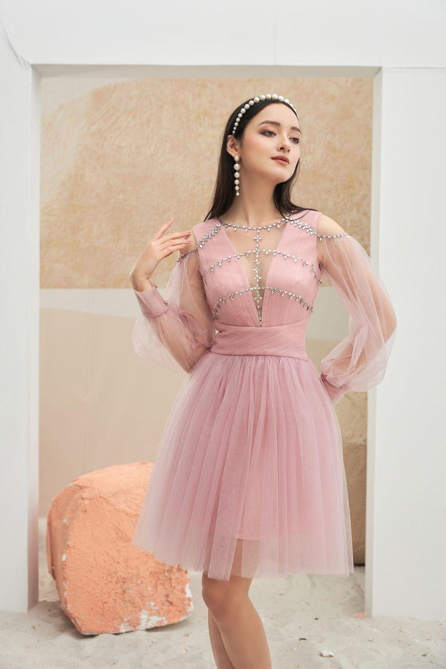 Levi Gathered Cuff Sleeved Mesh Sheer Knee-length Dress 8