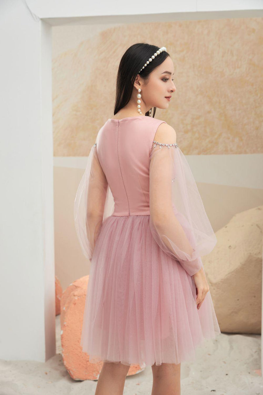 Levi Gathered Cuff Sleeved Mesh Sheer Knee-length Dress 9