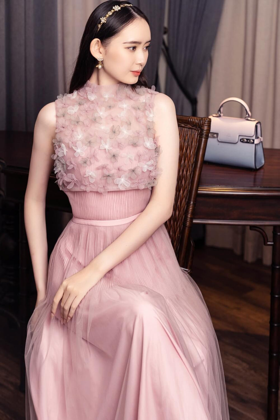 Lewis Drop Waist Flower Applique Mesh Sheer Midi Dress 2