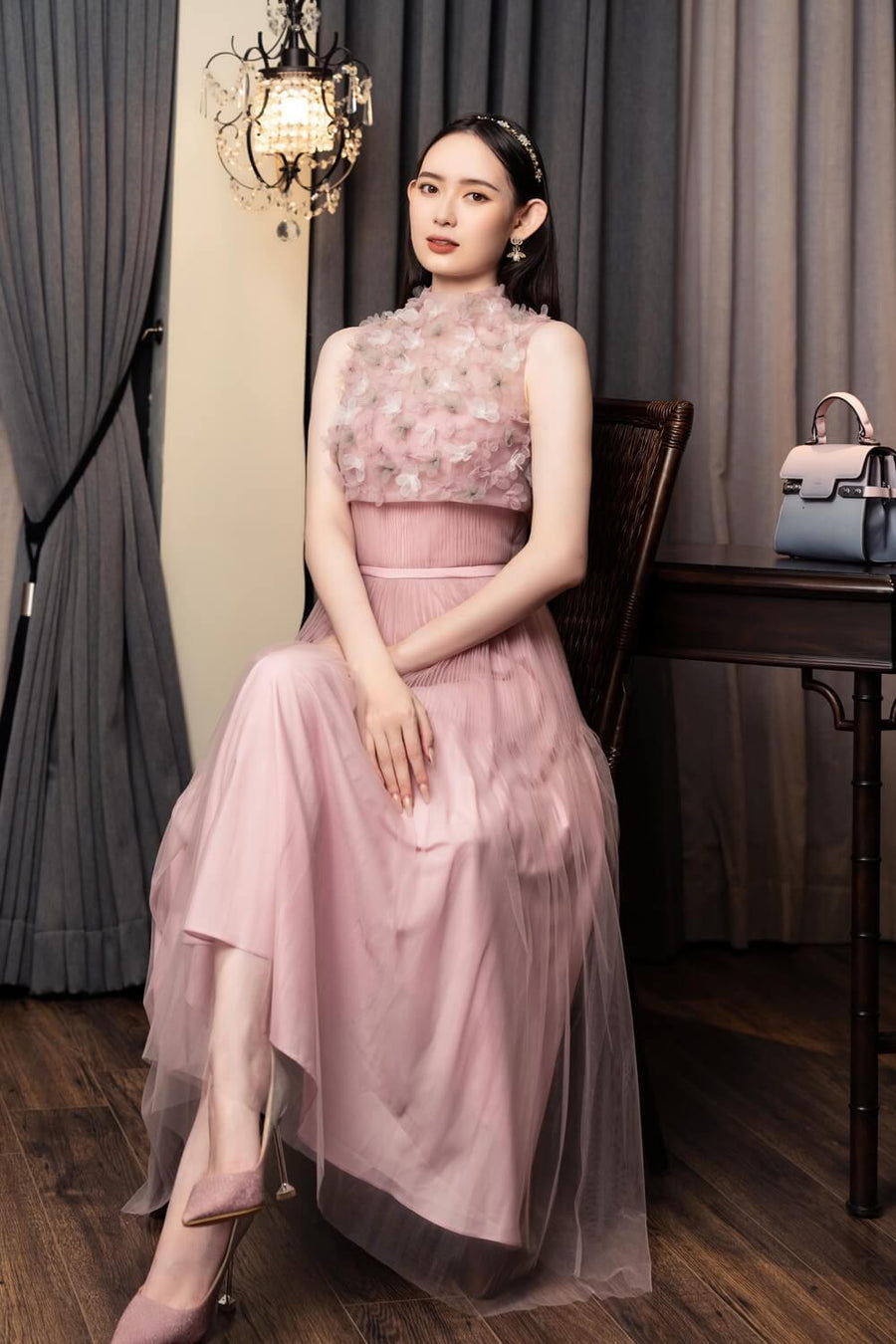 Lewis Drop Waist Flower Applique Mesh Sheer Midi Dress 5
