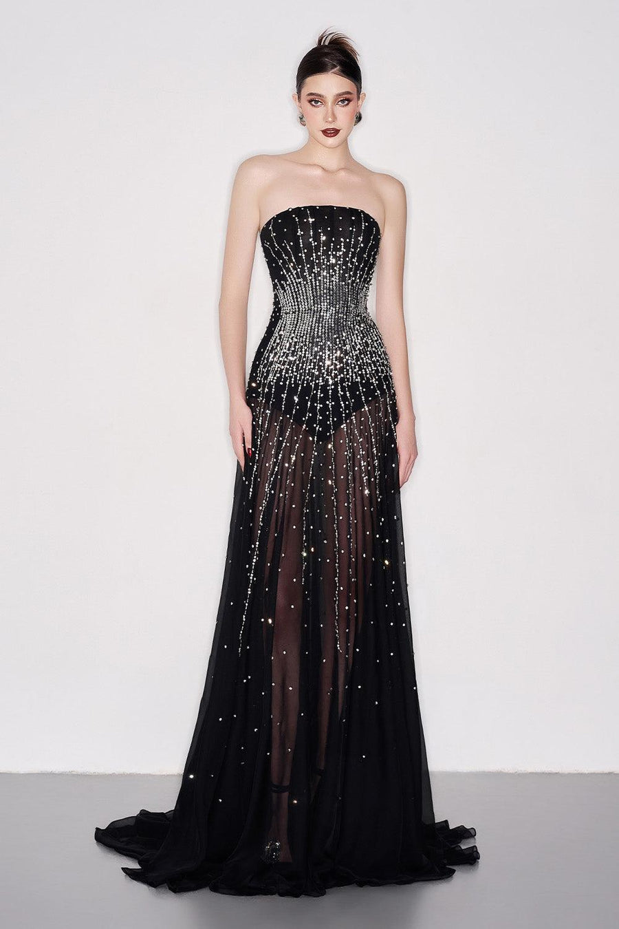 Leyla Strapless Stone Organza Voile Floor Length Dress Black Gown Dress CEM