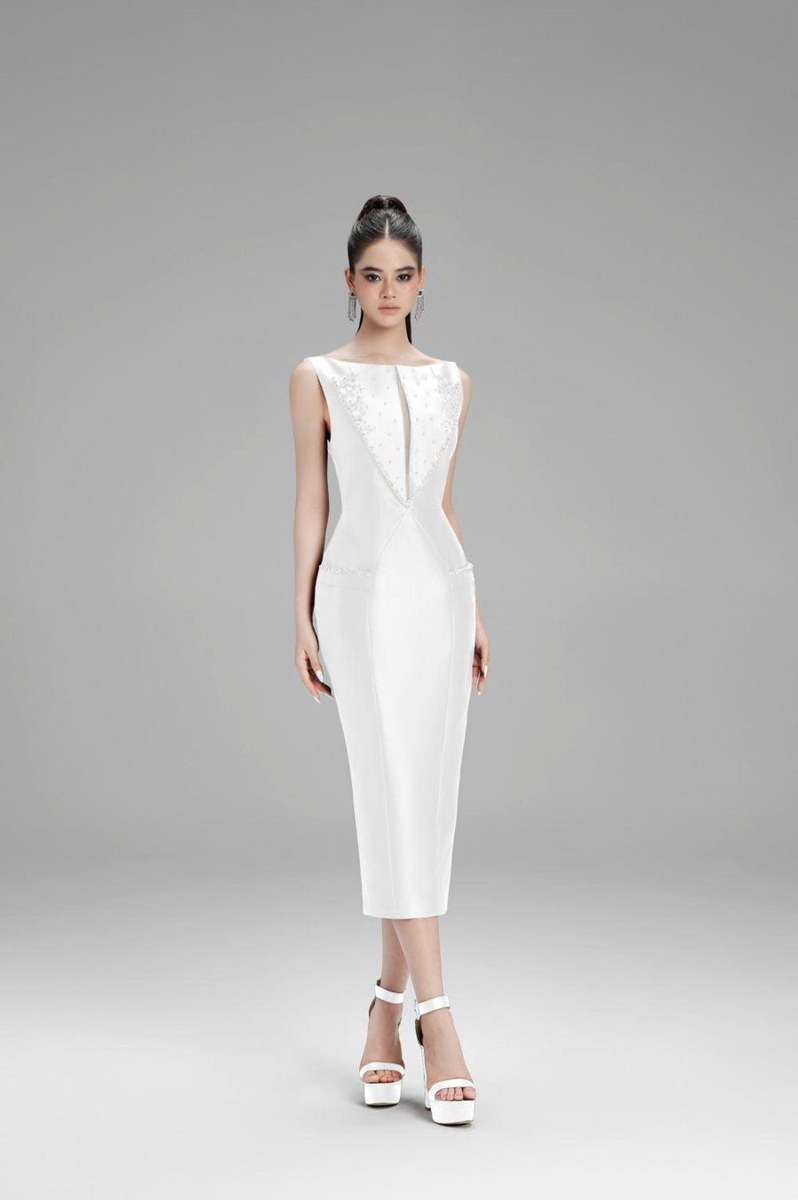 Lillian Pencil Sleeveless Taffeta Midi Dress White Midi Dress Cordia