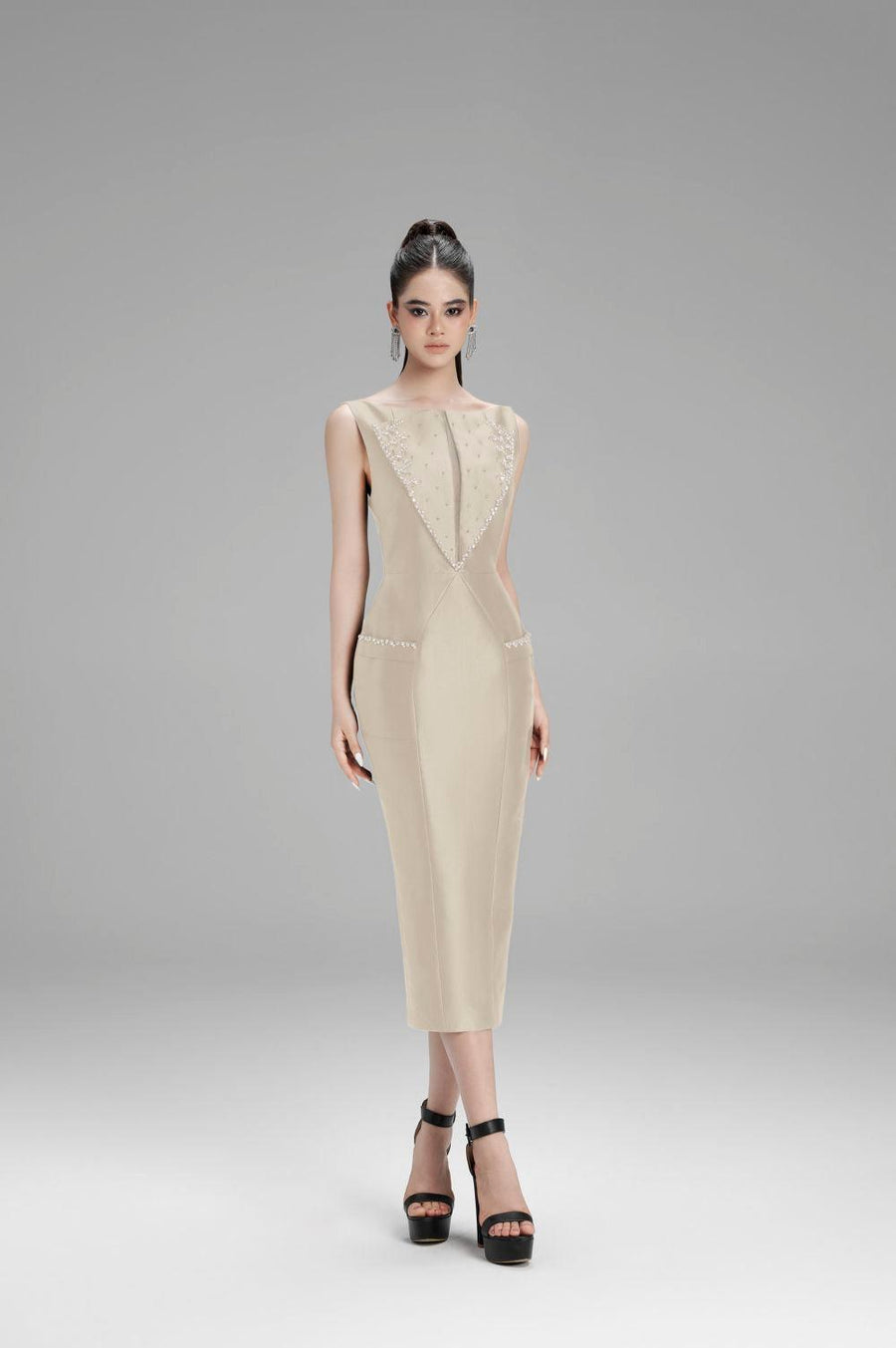 Lillian Pencil Sleeveless Taffeta Midi Dress Nude Midi Dress Cordia