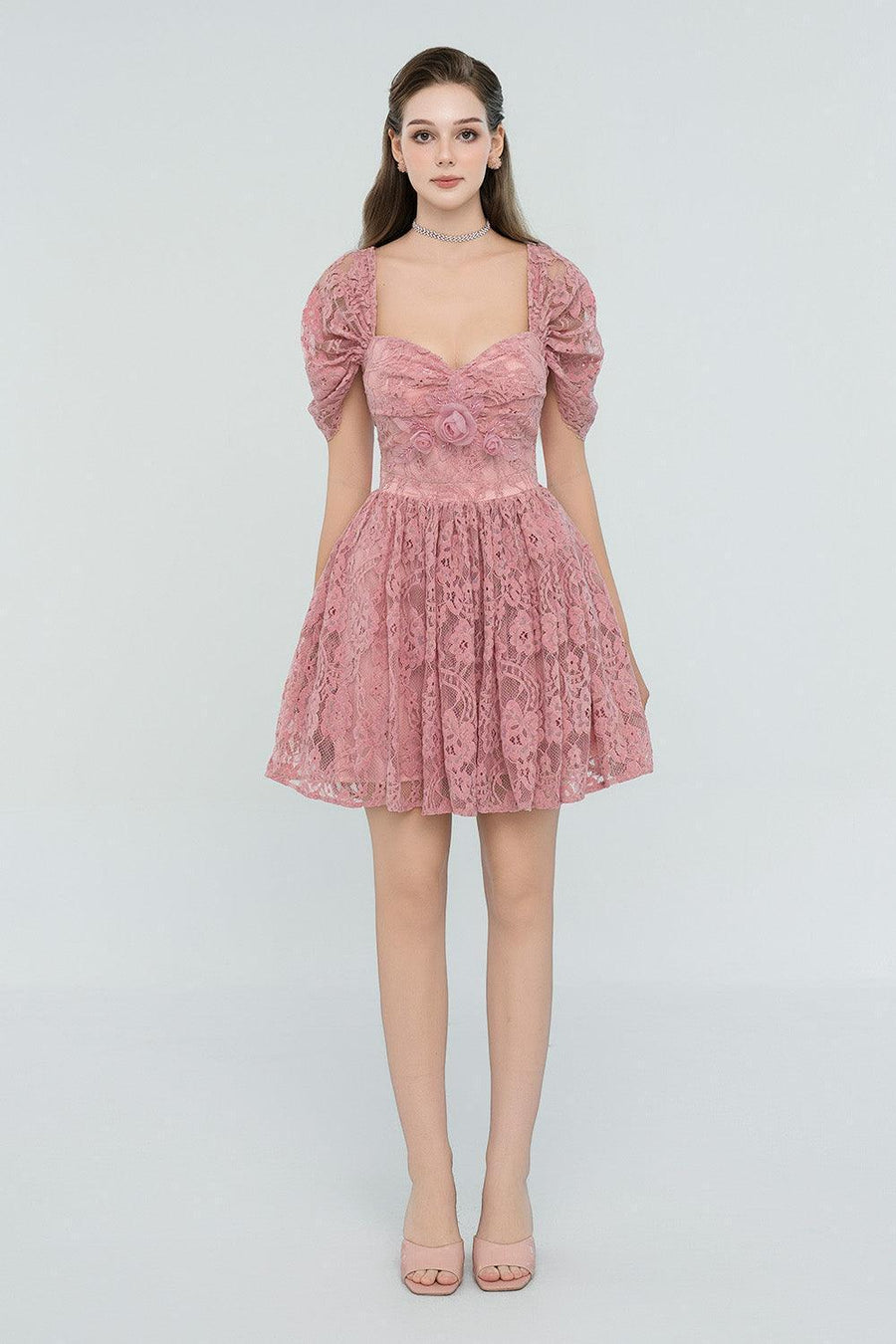 Lillie A-line Gathered Lace Mini Dress Mini Dress Cordia