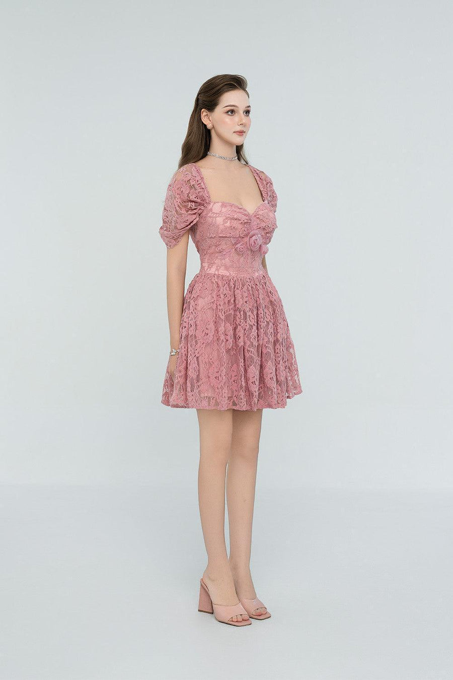 Lillie A-line Gathered Lace Mini Dress Mini Dress Cordia