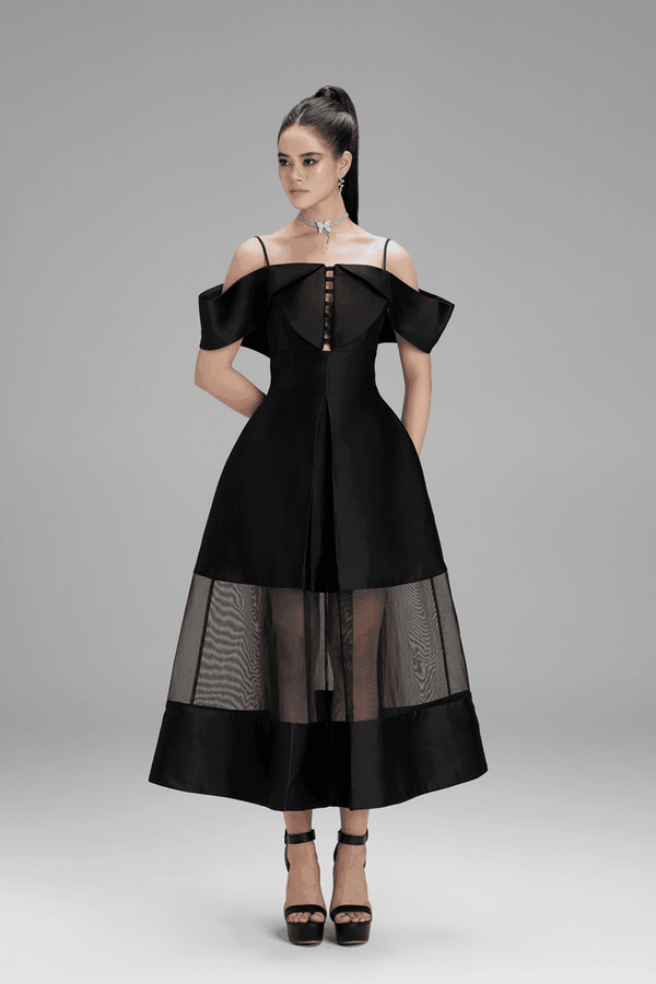 Lily A-line Cold Shoulder Sleeved Taffeta Midi Dress