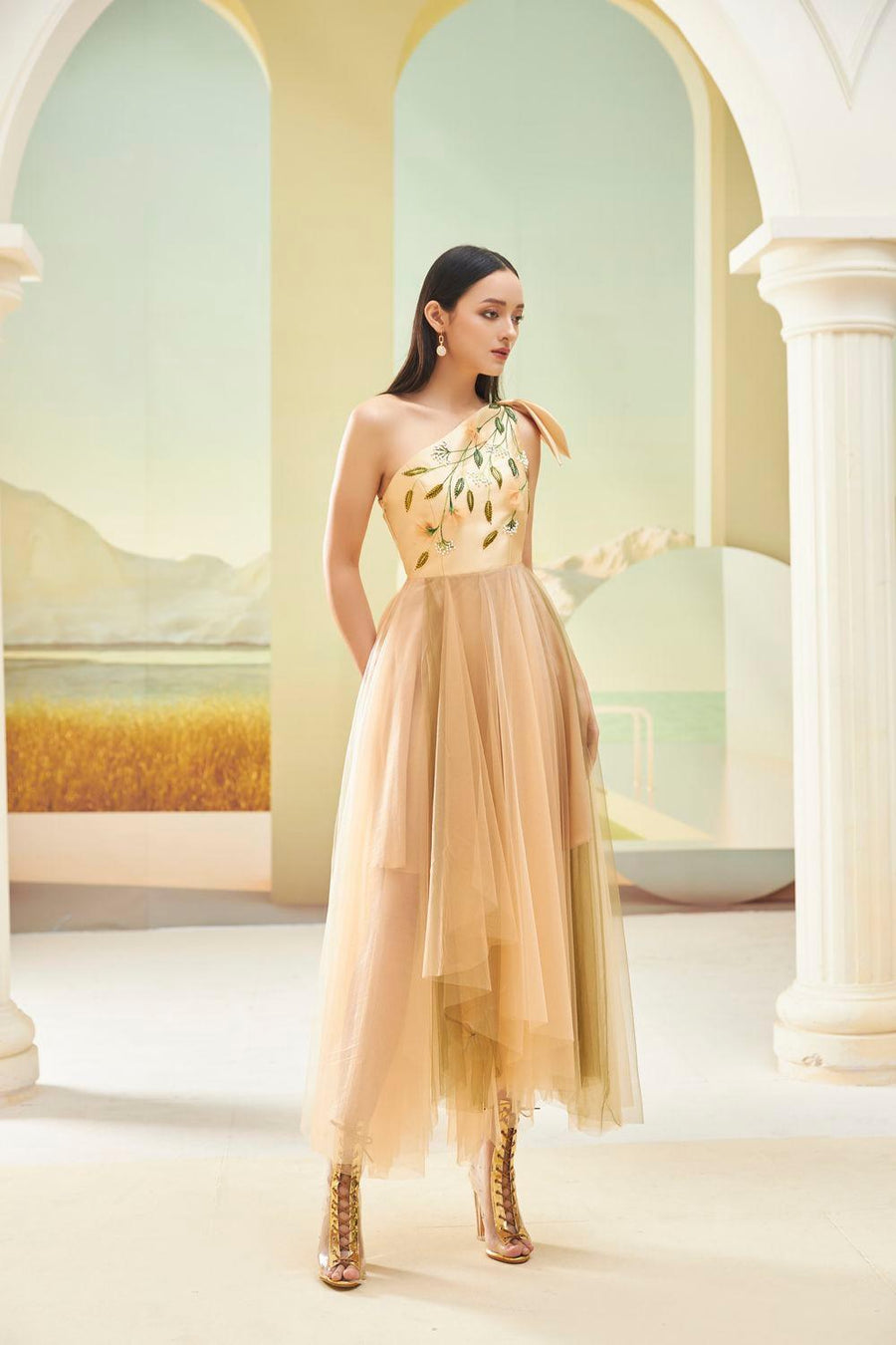 Limbad Gathered One Shoulder Mesh Sheer Maxi Dress 6