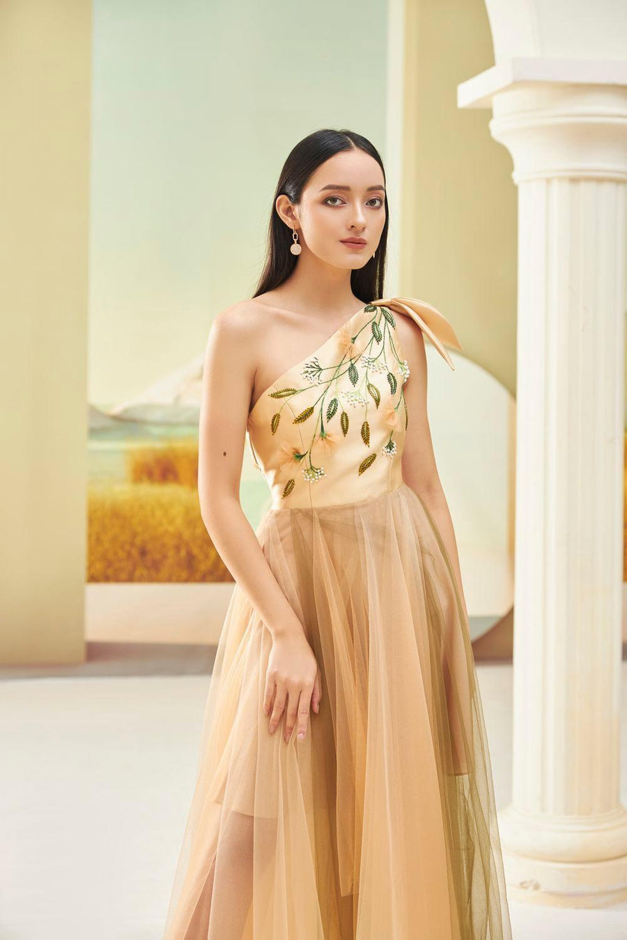Limbad Gathered One Shoulder Mesh Sheer Maxi Dress 8