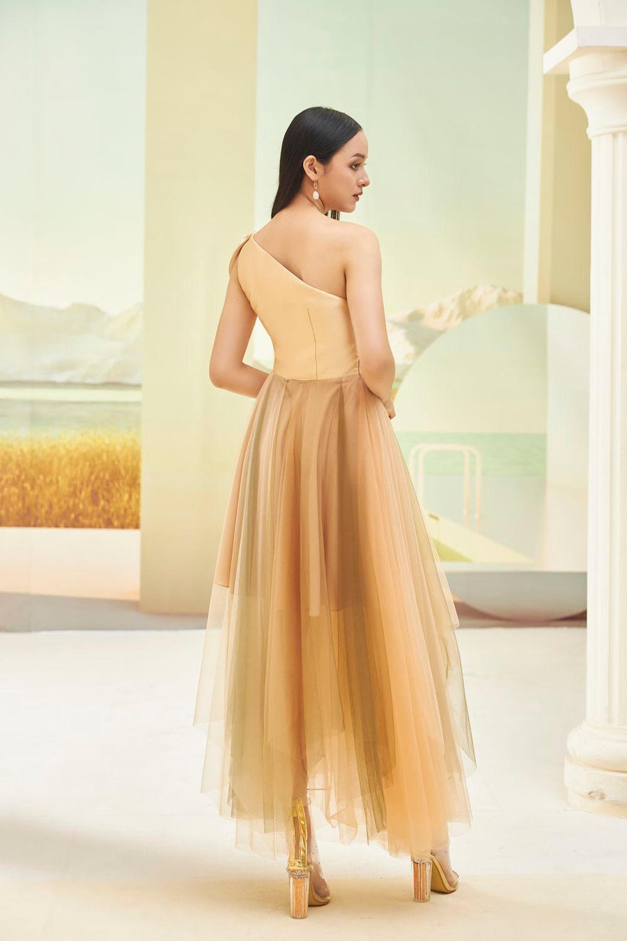 Limbad Gathered One Shoulder Mesh Sheer Maxi Dress 9
