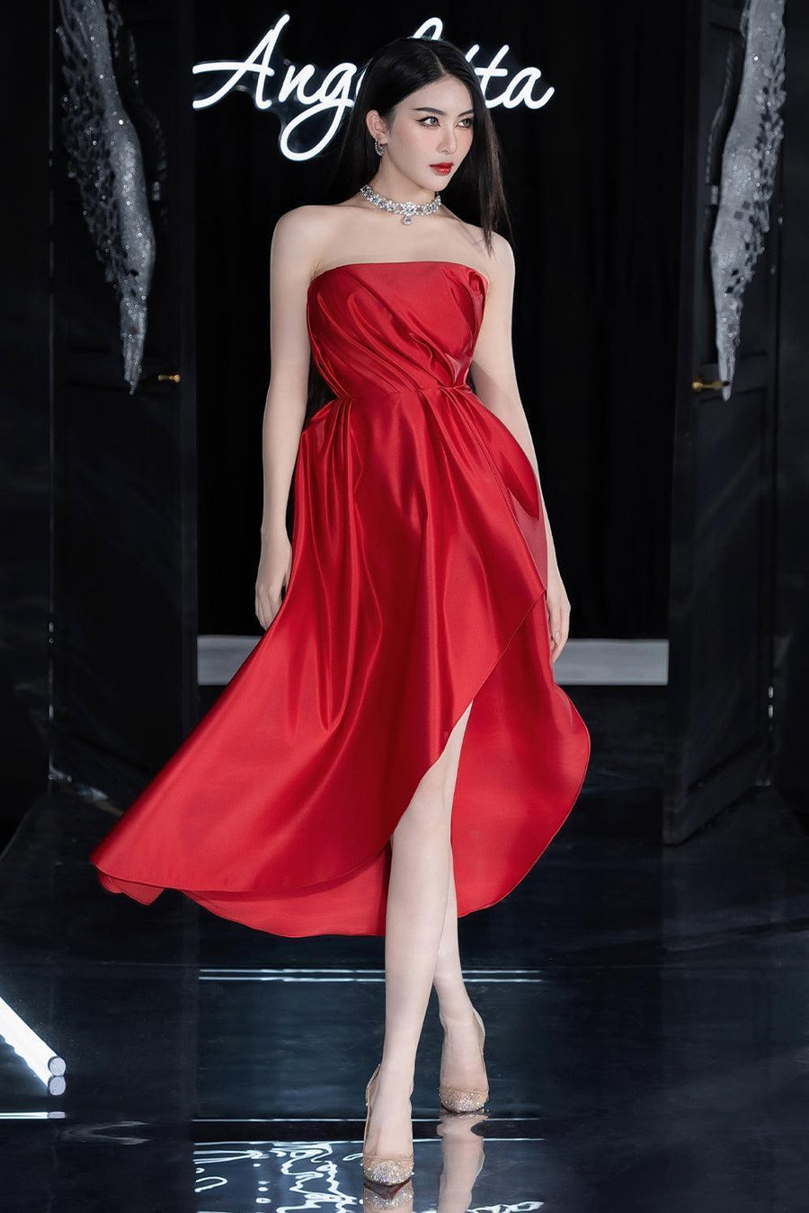 Lique Asymmetric Straight Across Neck Polyester Midi Dress Midi Dress Angeletta