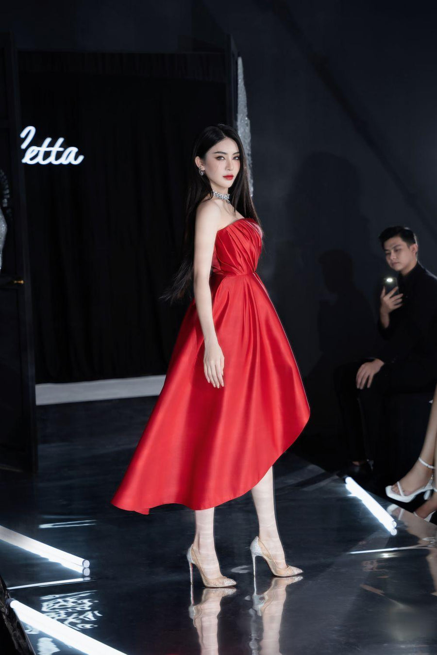 Lique Asymmetric Straight Across Neck Polyester Midi Dress Midi Dress Angeletta
