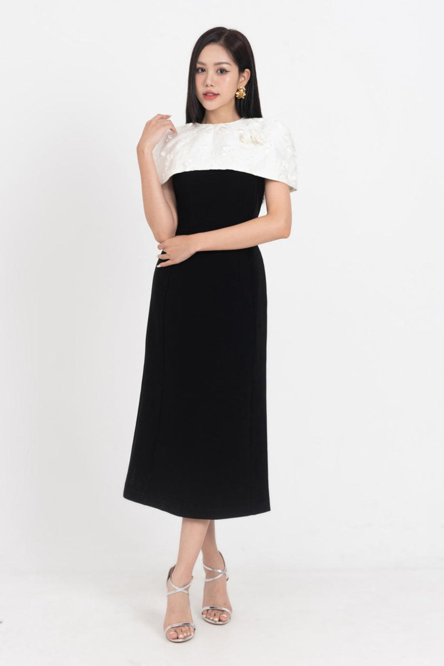 Lisa Trumpet Cape Shoulder Polycotton Midi Dress Midi Dress IVY moda