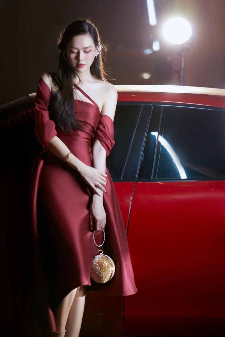 Litso A-line Diagonal Neck Taffeta Midi Dress Midi Dress Darling Diva