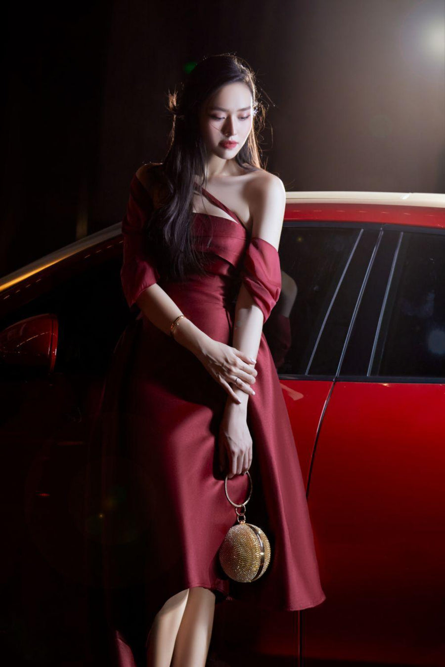 Litso A-line Diagonal Neck Taffeta Midi Dress Midi Dress Darling Diva