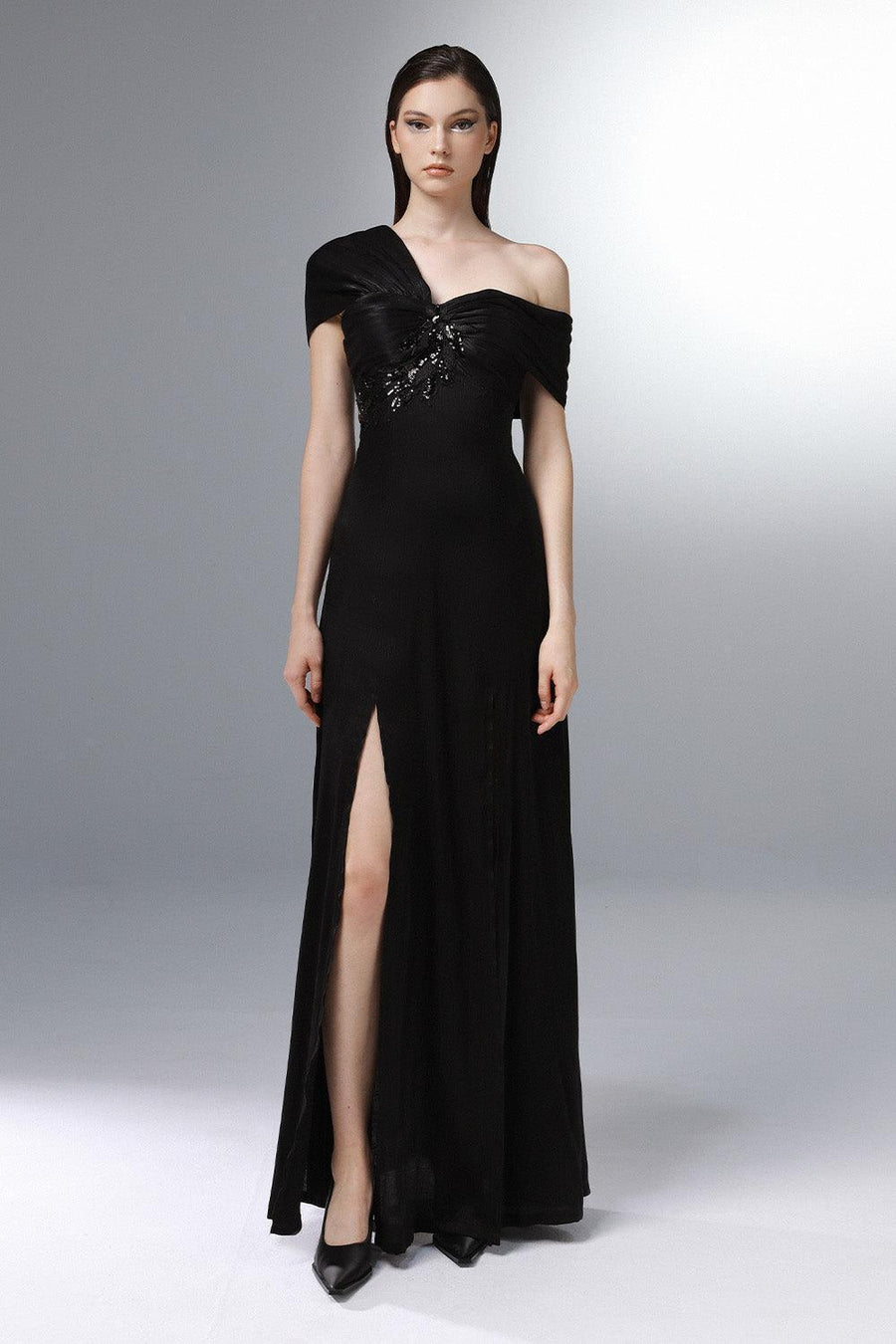 Lodestar Slit Asymmetric Sleeved Silk Floor Length Dress 1