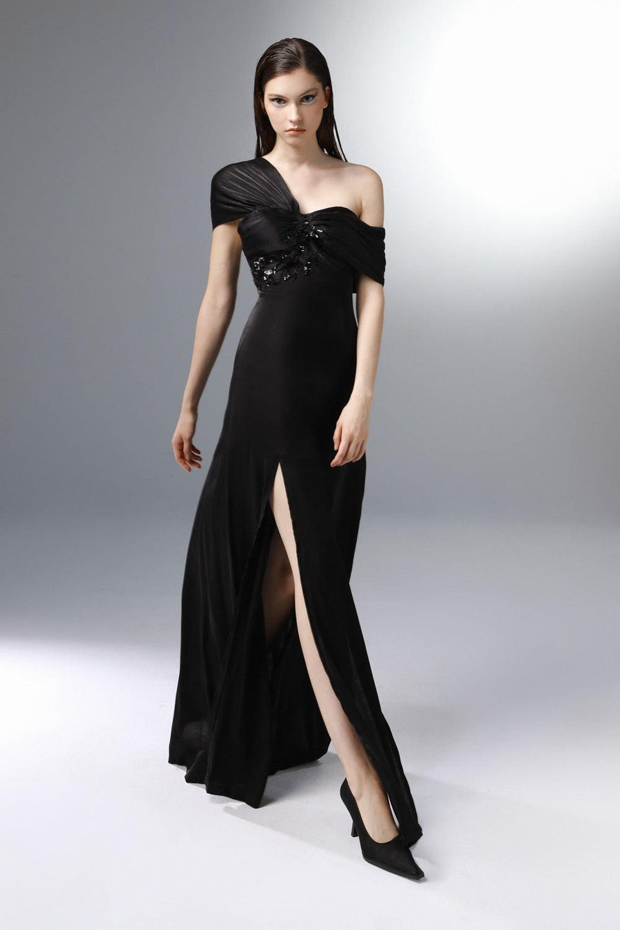 Lodestar Slit Asymmetric Sleeved Silk Floor Length Dress 3