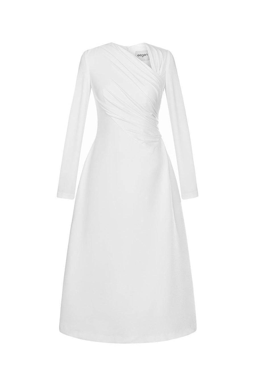 Lopsided A-line Long Sleeved Crinkle Crepe Midi Dress White Midi Dress Eegen Studio