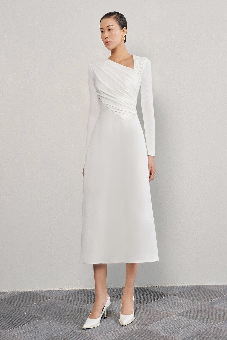 Lopsided A-line Long Sleeved Crinkle Crepe Midi Dress Midi Dress Eegen Studio
