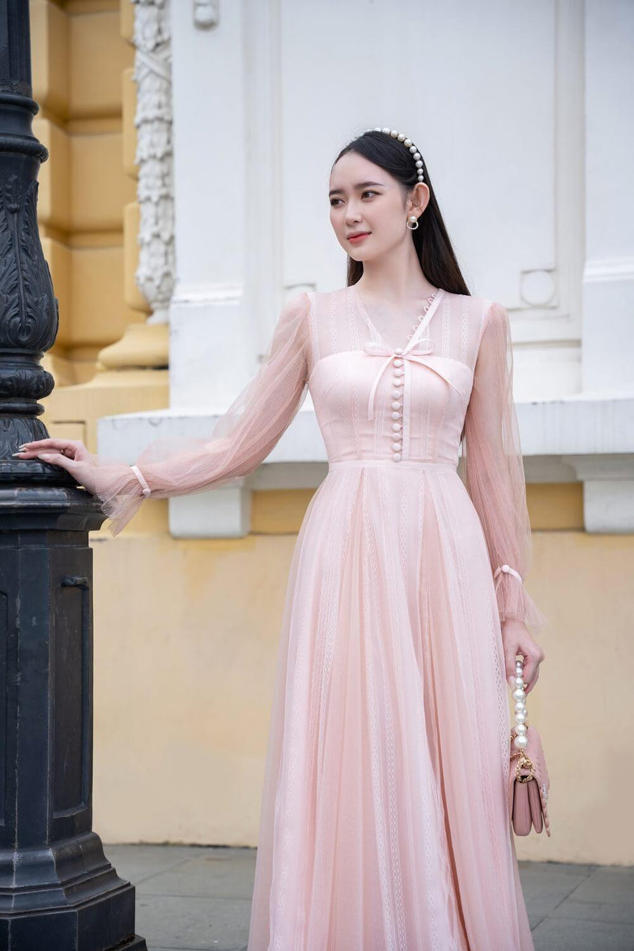 Lorence Gathered Poet Sleeved Mesh Sheer Maxi Dress 4