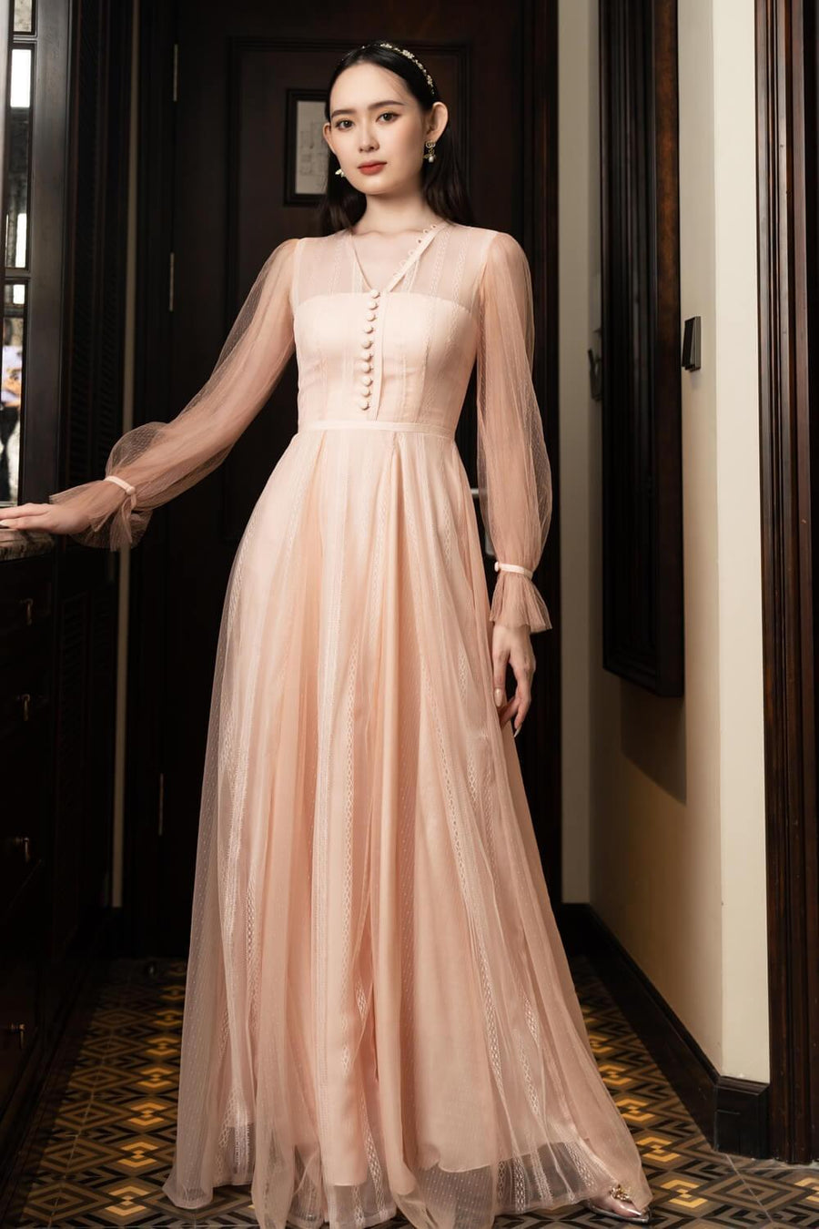 Lorence Gathered Poet Sleeved Mesh Sheer Maxi Dress 6