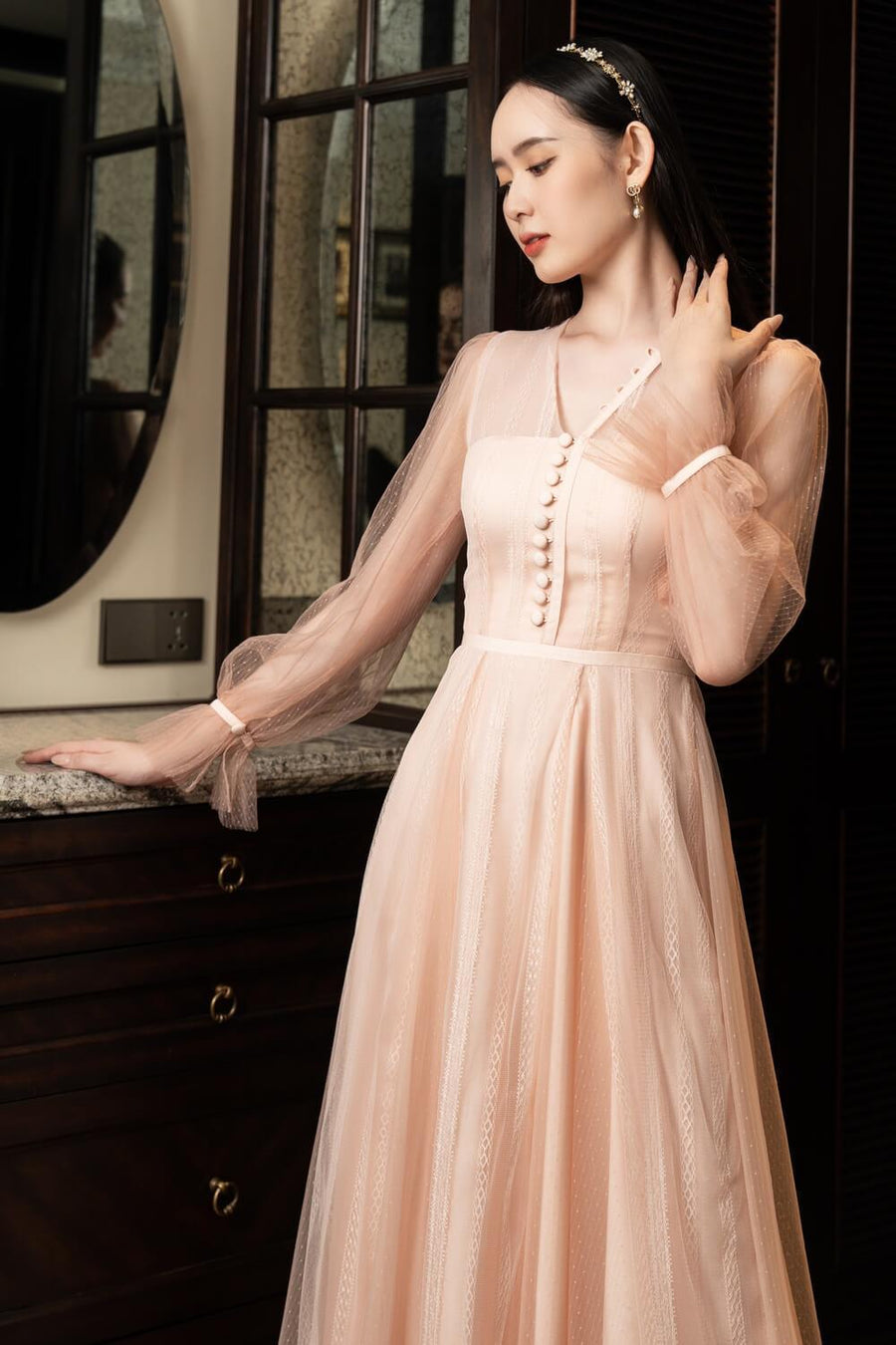 Lorence Gathered Poet Sleeved Mesh Sheer Maxi Dress 7