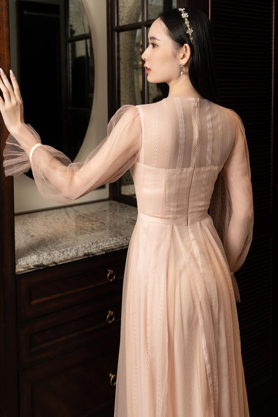 Lorence Gathered Poet Sleeved Mesh Sheer Maxi Dress 8