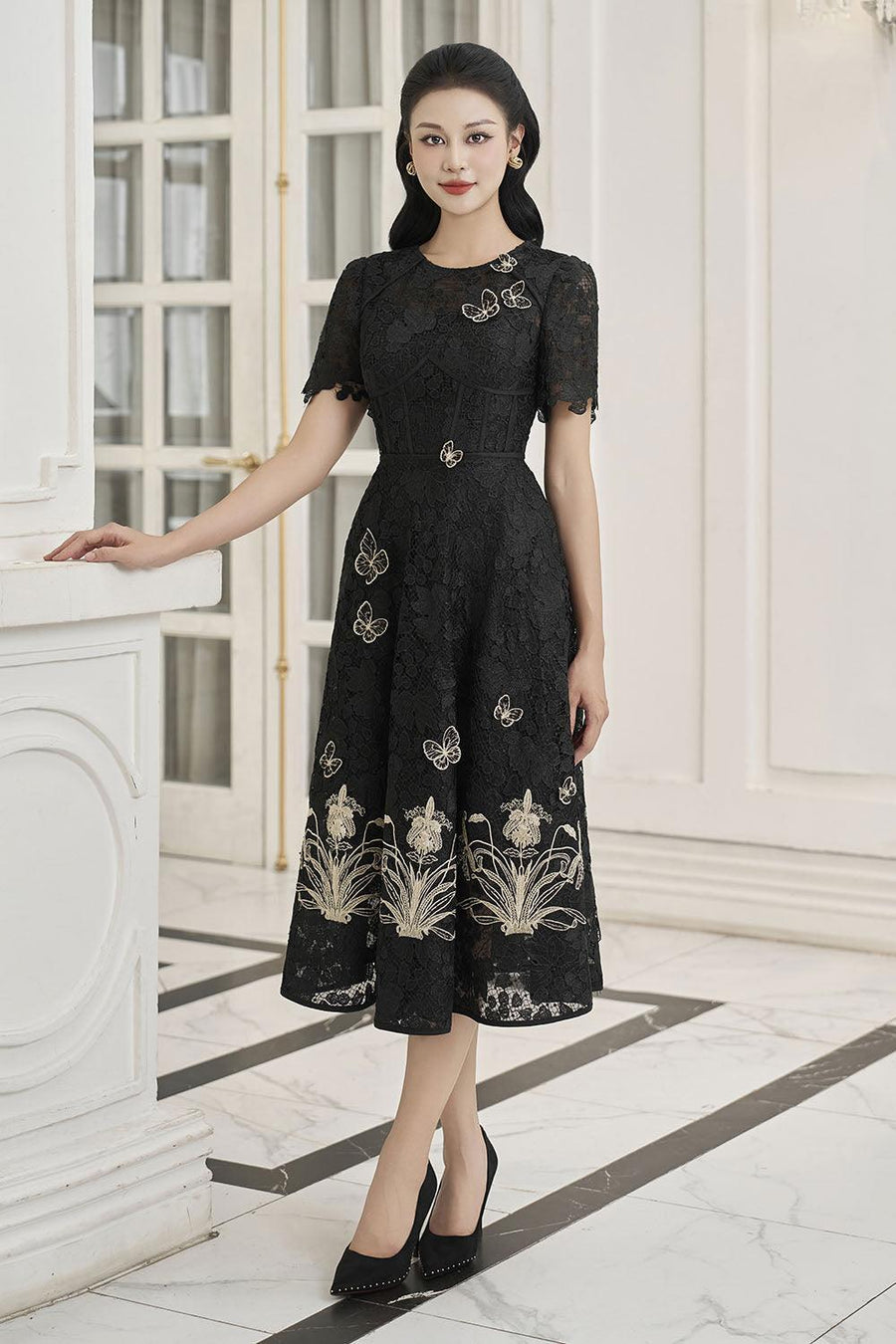 Lorraine A-line Embroidered Lace Midi Dress Midi Dress IVY moda