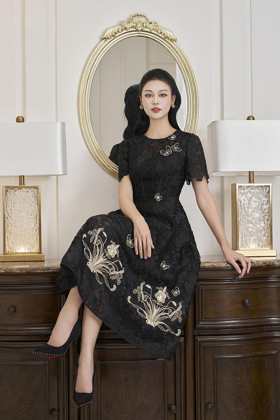 Lorraine A-line Embroidered Lace Midi Dress Midi Dress IVY moda