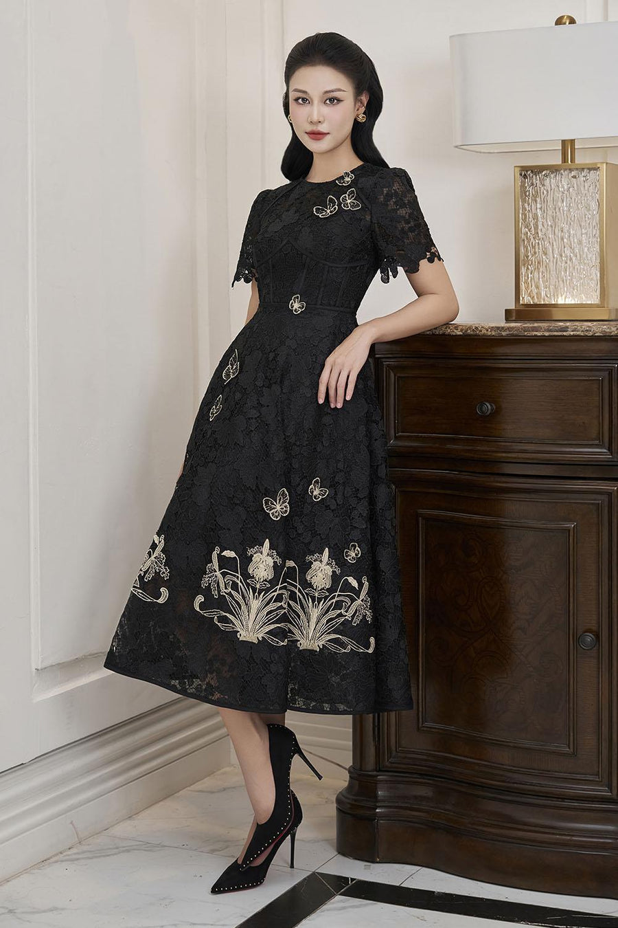 Lorraine A-line Embroidered Lace Midi Dress Midi Dress IVY moda