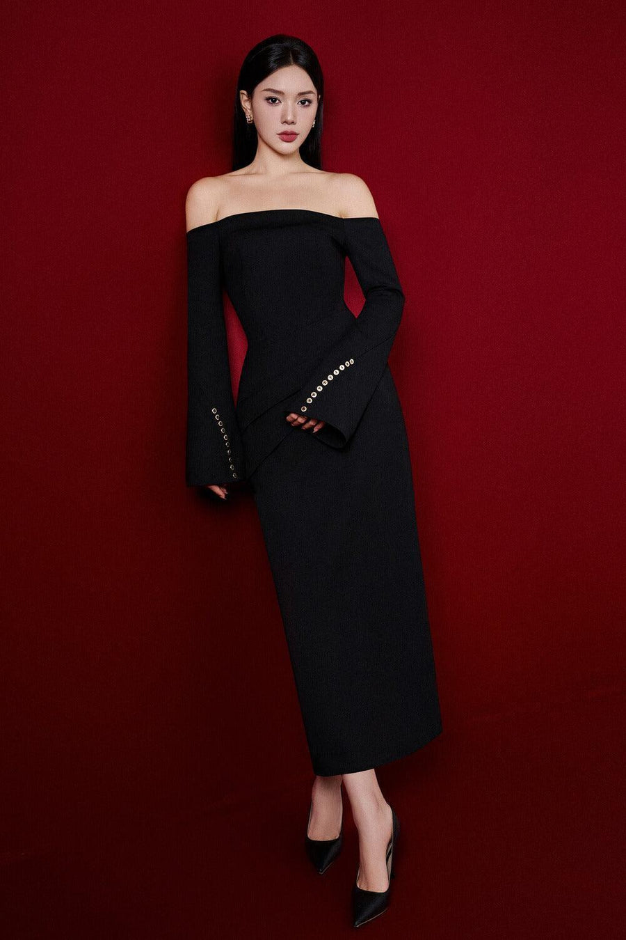 Louisa Sheath Off-Shoulder Spandex Midi Dress Midi Dress Eegen Studio