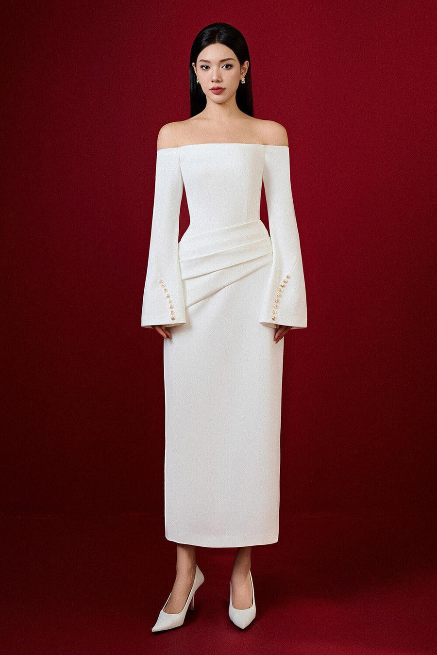 Louisa Sheath Off-Shoulder Spandex Midi Dress Midi Dress Eegen Studio