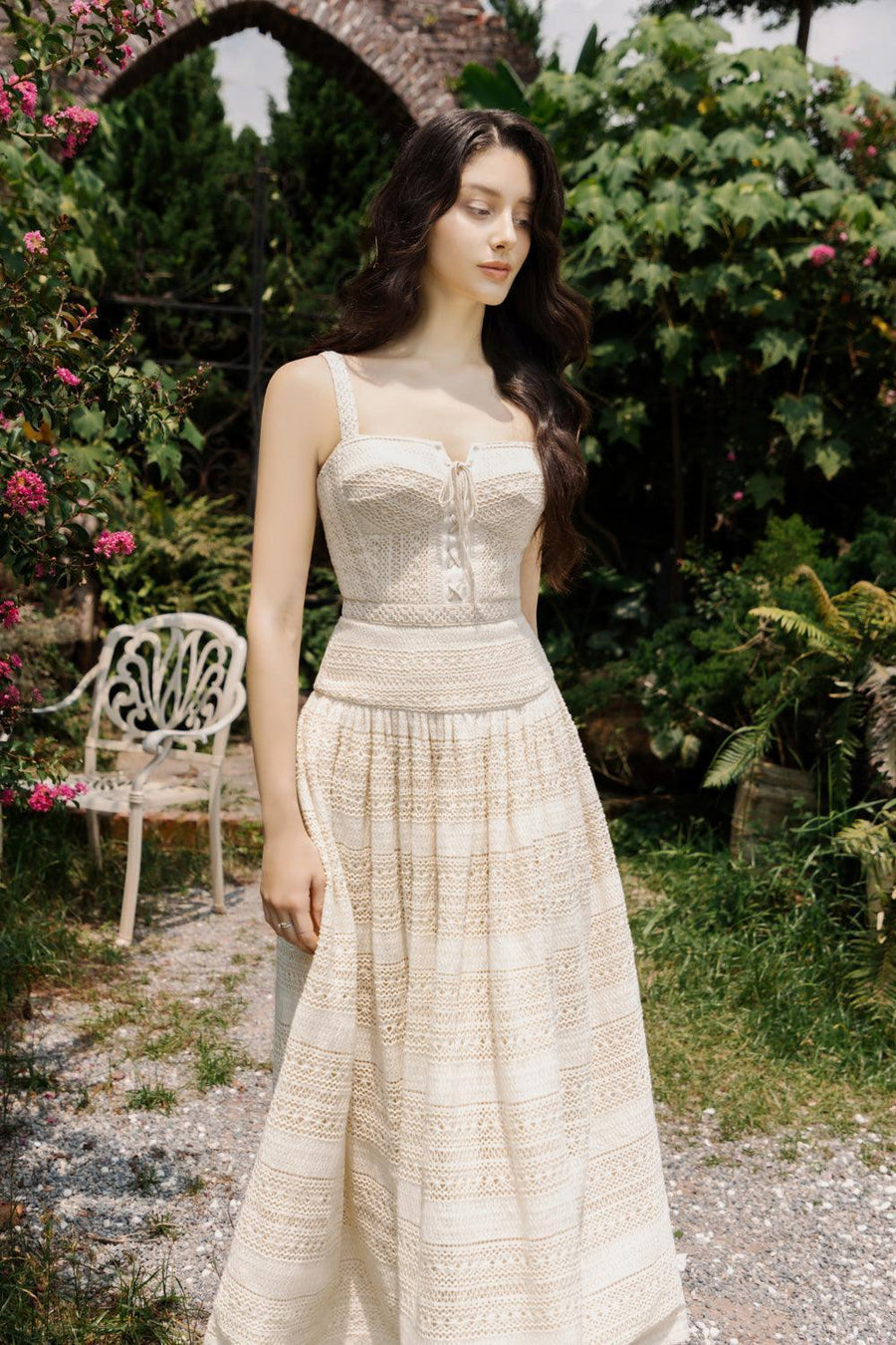 Lúcia Drop Waist Semi-Heart Neck Cotton Midi Dress 13