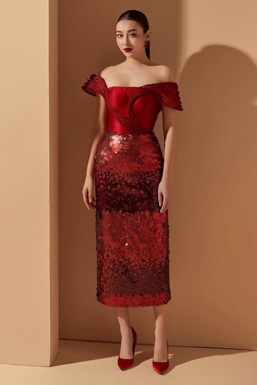 Lucia Sheath Off-Shoulder Sequin Midi Dress Midi Dress 21Six
