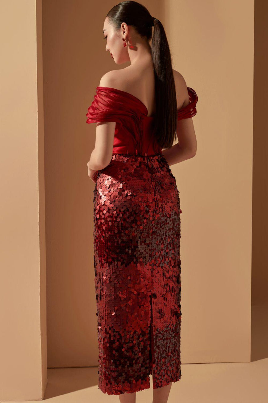 Lucia Sheath Off-Shoulder Sequin Midi Dress Midi Dress 21Six