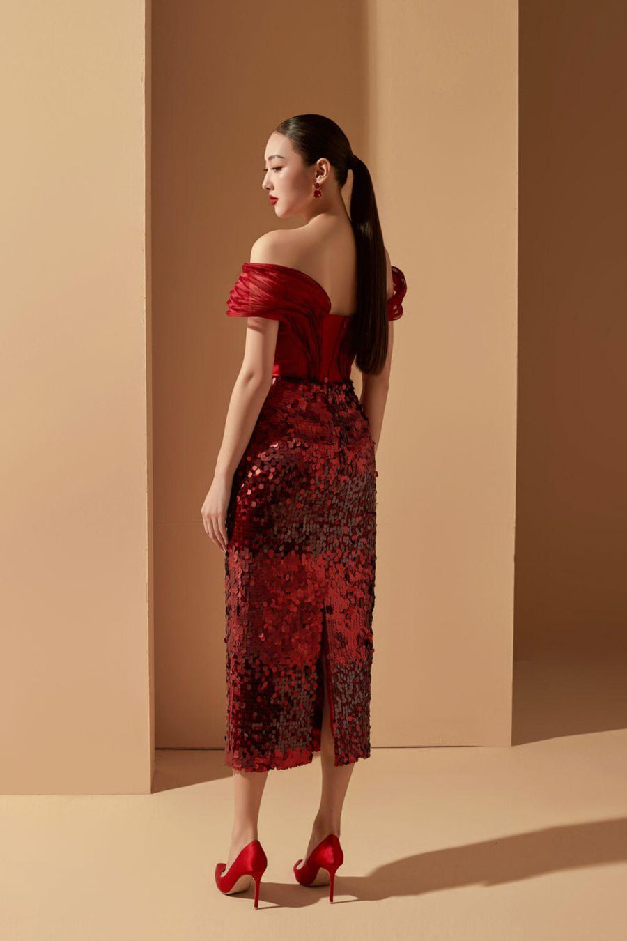 Lucia Sheath Off-Shoulder Sequin Midi Dress Midi Dress 21Six