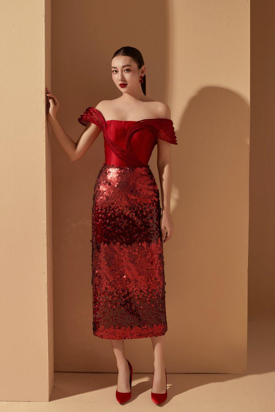 Lucia Sheath Off-Shoulder Sequin Midi Dress Midi Dress 21Six